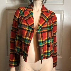 Red, yellow, green cropped plaid wool pea coat